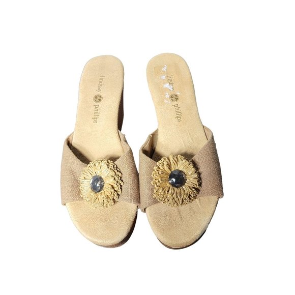 Lindsay Phillips Women's Devon Wedge Sandals Sunflower Embellished Size 6 Chunky - Picture 1 of 13